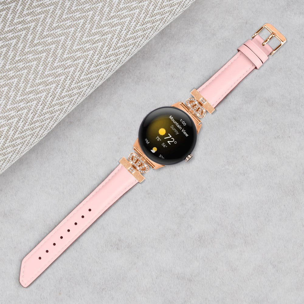 Google Pixel Watch 1 / 2 / 3 Leather Strap w. Rose Gold Rhinestone Buckle - Pink