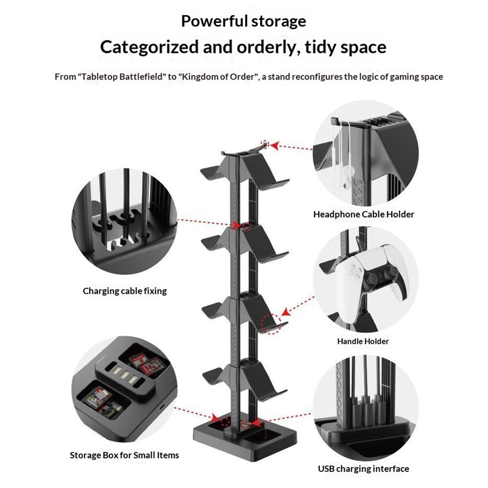 Universal Holder for 8 x Game Consoles with 3 x USB-A - Black