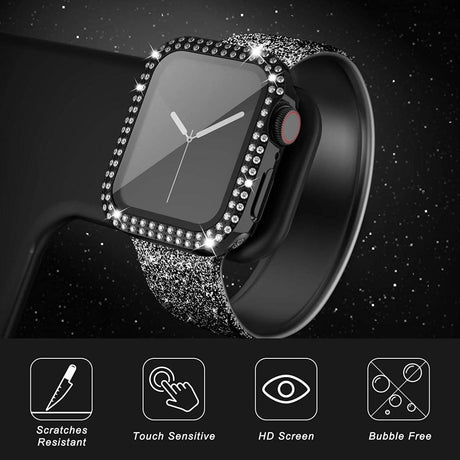 Apple Watch (44mm) Hard Plastic Case w. Built-in Screen Protector - Black & Rhinestones