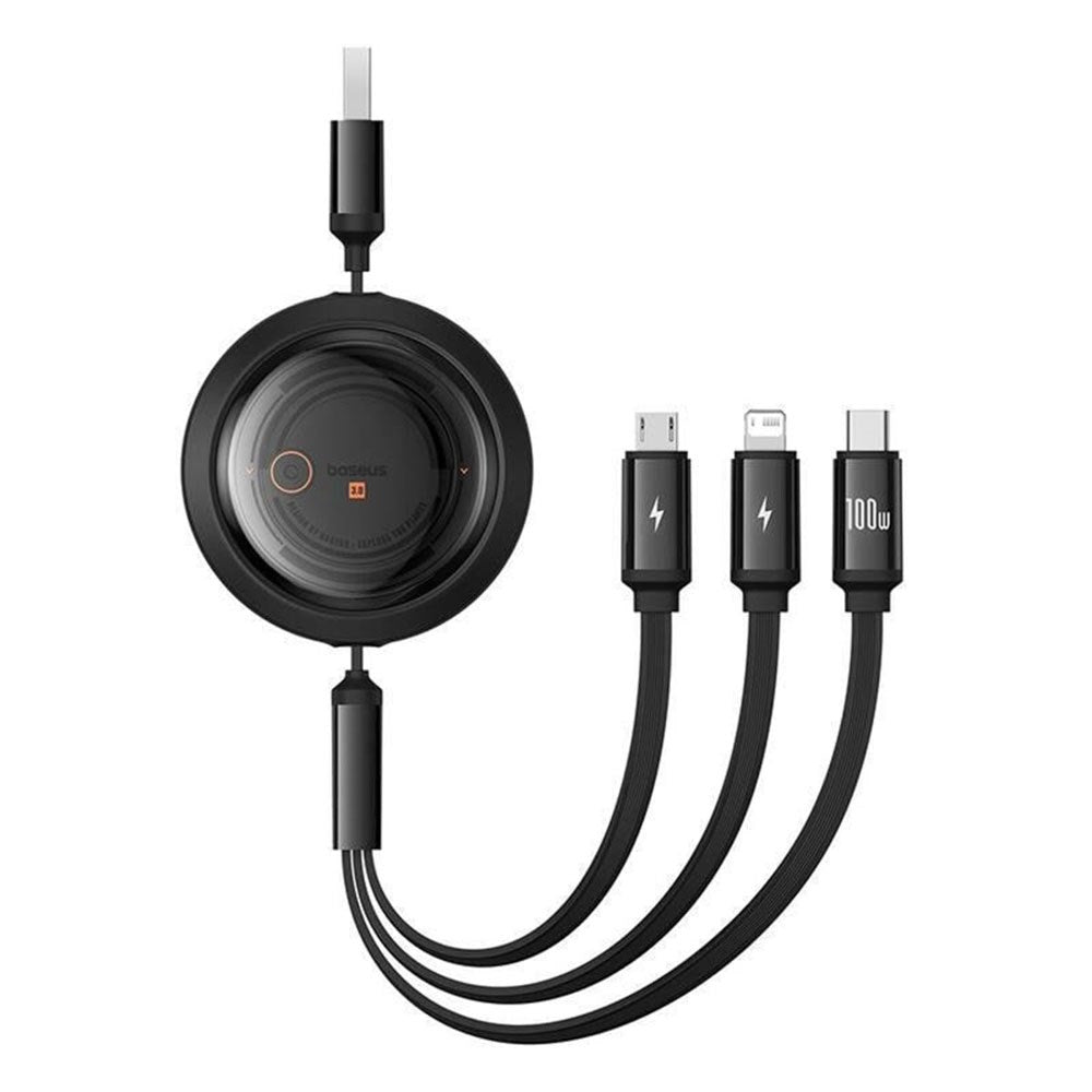 Baseus Free2Draw 3-in-1 Retractable Multi Cable - USB-A to USB-C / Lightning / Micro USB - 1.1m - Black