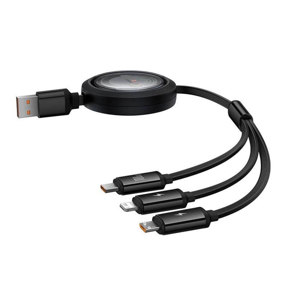 Baseus Free2Draw 3-in-1 Retractable Multi Cable - USB-A to USB-C / Lightning / Micro USB - 1.1m - Black