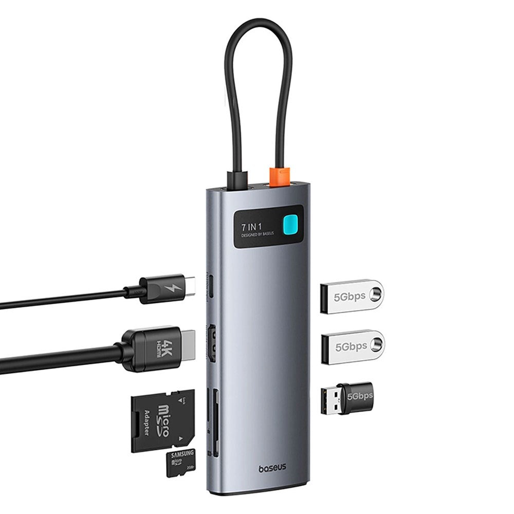 Baseus 7-in-1 USB-C Multiport Adapter with 3 x USB-A 1 x USB-C 1 x HDMI 1 x SD Card Reader 1 x MicroSD Card Reader - Grey
