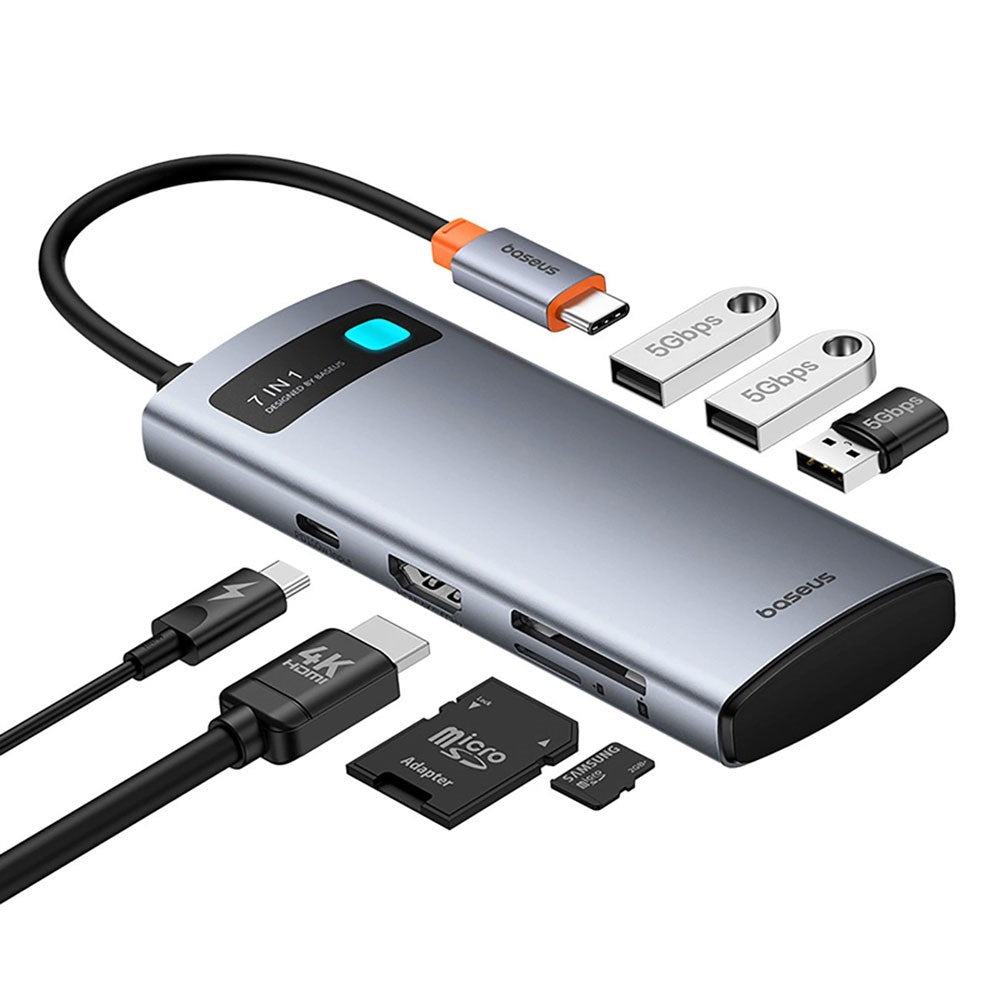 Baseus 7-in-1 USB-C Multiport Adapter with 3 x USB-A 1 x USB-C 1 x HDMI 1 x SD Card Reader 1 x MicroSD Card Reader - Grey