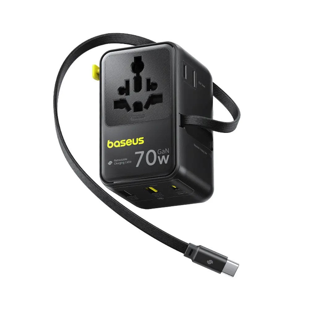 Baseus EnerCore 70W 6-in-1 Travel Adapter with Retractable USB-C Cable - Black