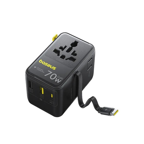 Baseus EnerCore 70W 6-in-1 Travel Adapter with Retractable USB-C Cable - Black