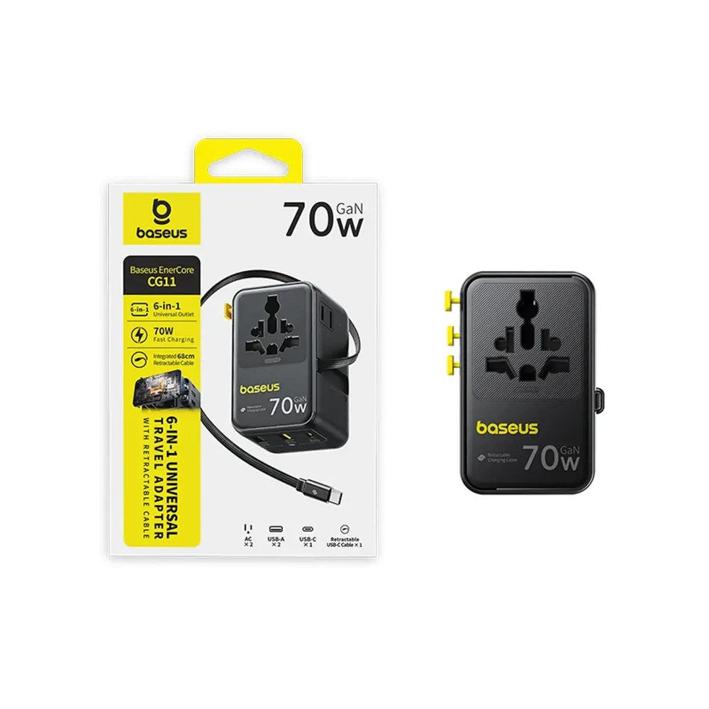 Baseus EnerCore 70W 6-in-1 Travel Adapter with Retractable USB-C Cable - Black