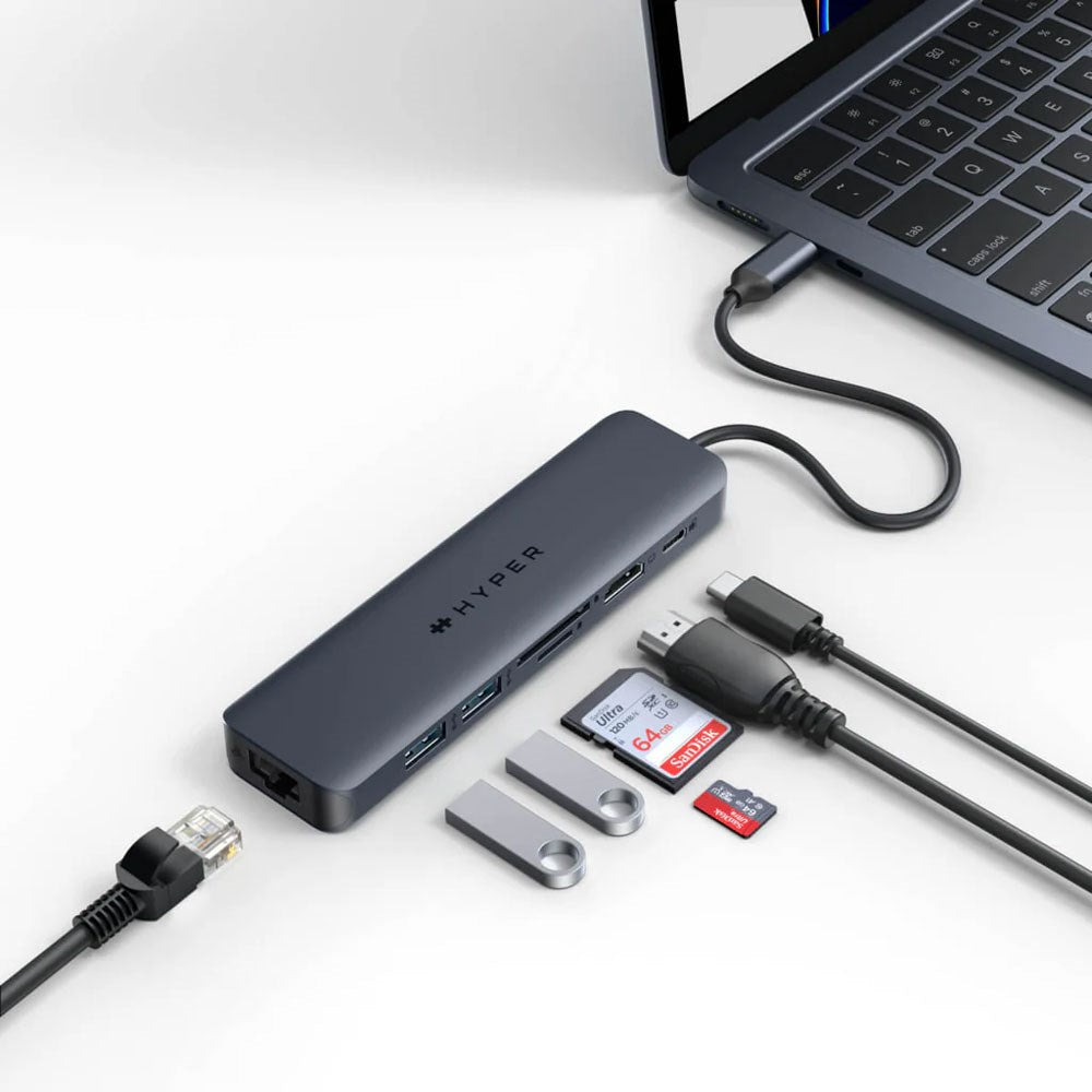 Hyper HyperDrive Ecosmart 7-in-1 USB-C Hub with USB-A / USB-C / HDMI / Ethernet / SD & MicroSD Card - Grey