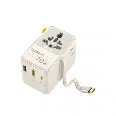 Baseus EnerCore 70W 6-in-1 Travel Adapter with Retractable USB-C Cable - White
