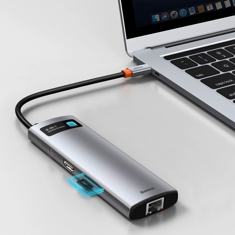 Baseus 8-in-1 USB-C Multiport Adapter with 3 x USB-A 1 x USB-C 1 x HDMI 1 x SD Card Reader 1 x MicoSD Card Reader 1 x RJ45 - Grey