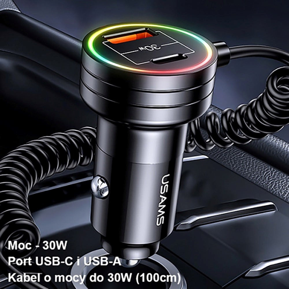 Usams Car Charger 60W with USB-C, USB-A & USB-C Cable - Black