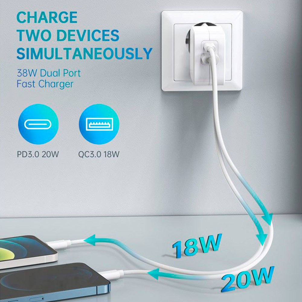 Choetech 38W Wall Charger with USB-A & USB-C - White