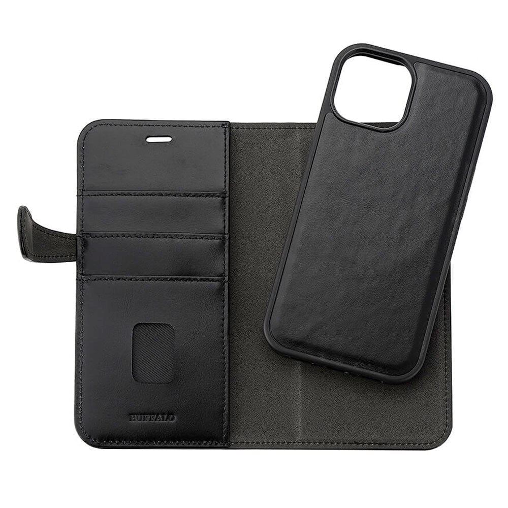 iPhone 15 GEAR Buffalo 2-in-1 Wallet Genuine Leather Magnet Flip Case with Wallet - Black