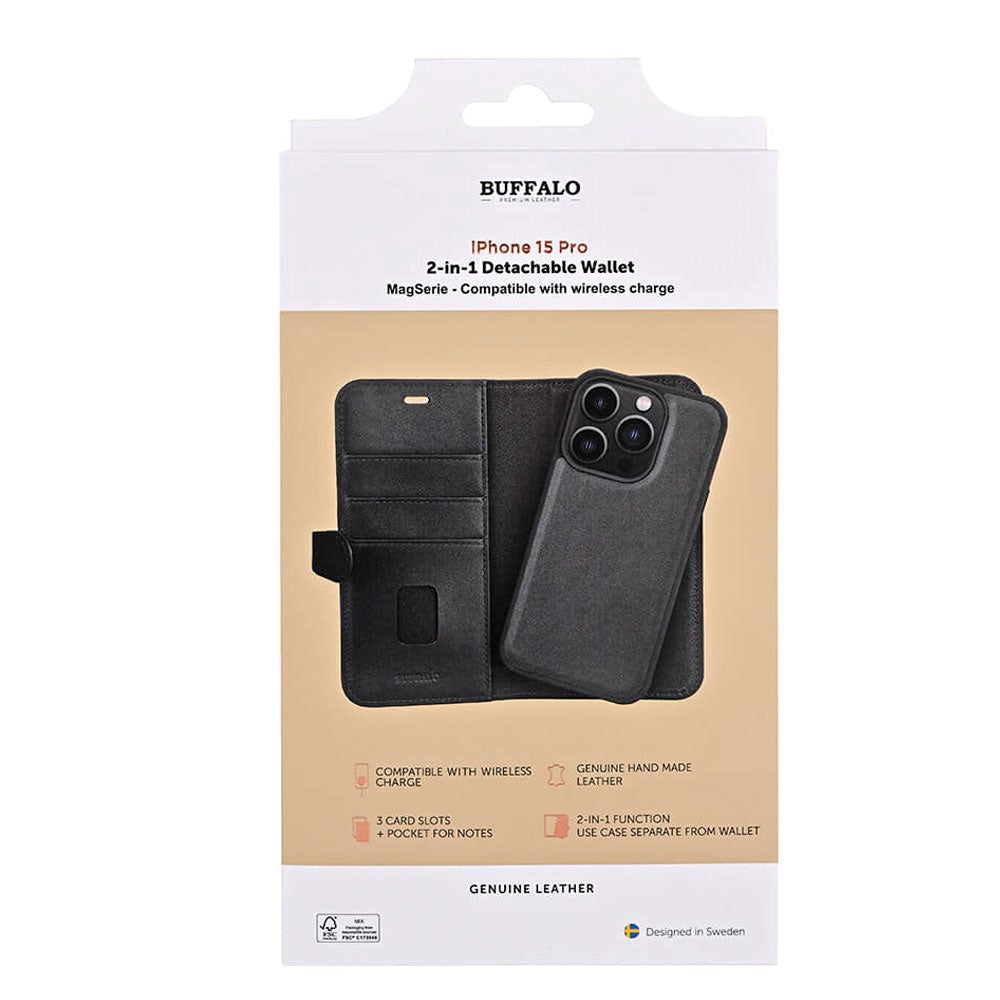 iPhone 15 Pro GEAR Buffalo 2-in-1 Wallet Genuine Leather Magnet Flip Case with Wallet - Black