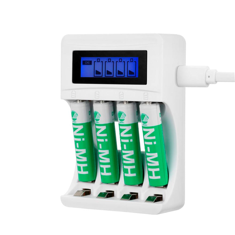 Deltaco USB Battery Charger for 4 x AA/AAA Ni-MH / Ni-Cd with 4 AAA Batteries - White