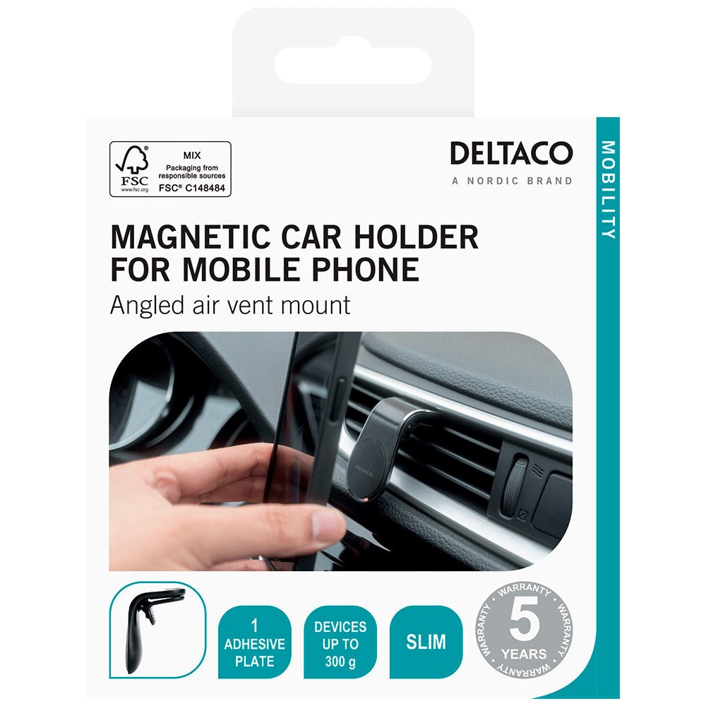 Deltaco Magnetic Mobile Holder for Ventilation Outlet with Clip & Extra Magnet - Silver / Black