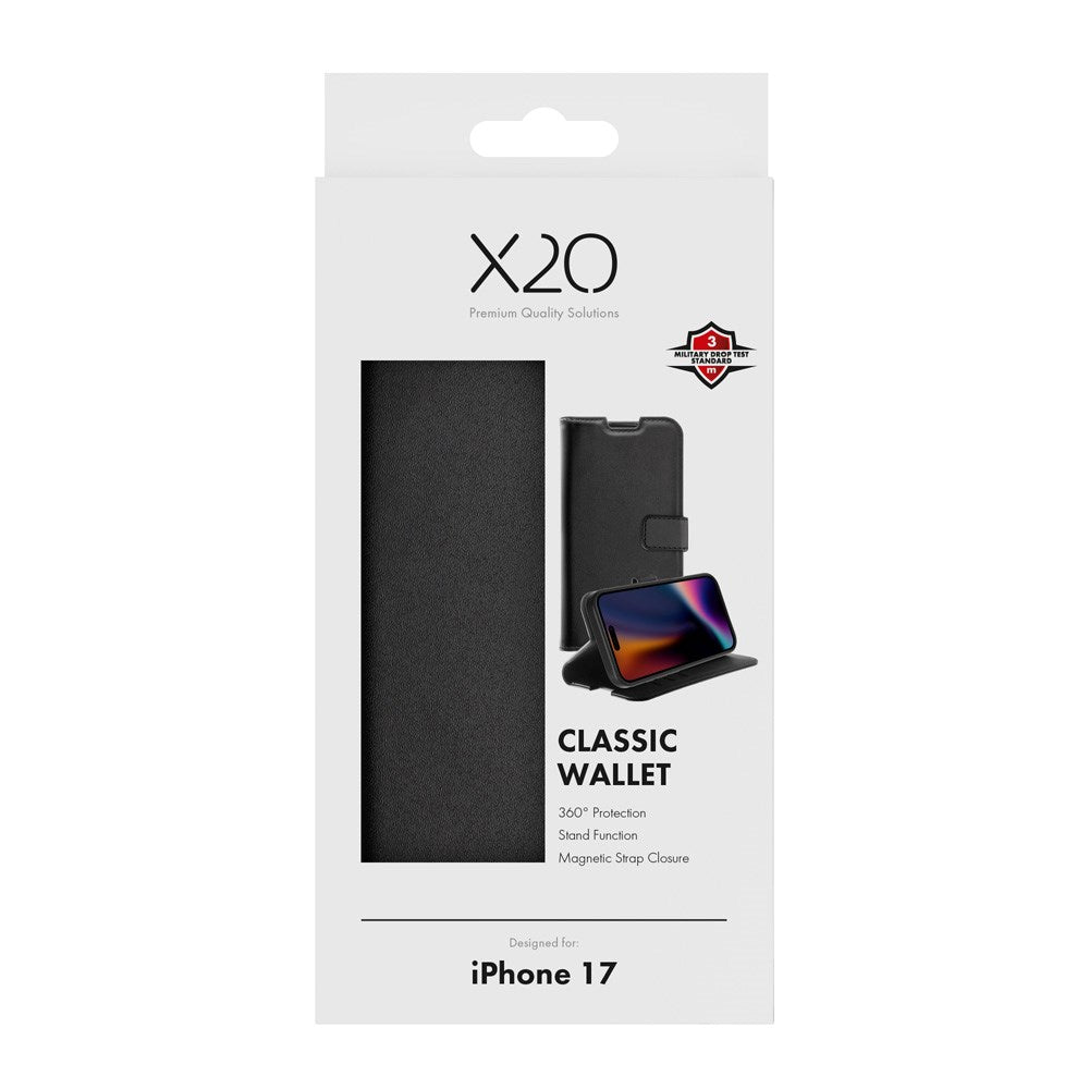 X2O iPhone 17 Classic Wallet Flip Case - Card Holder & Stand Function - Black