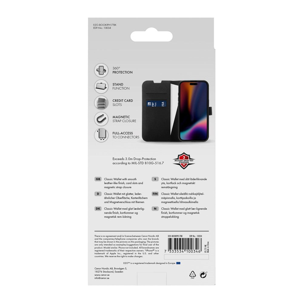 X2O iPhone 17 Classic Wallet Flip Case - Card Holder & Stand Function - Black