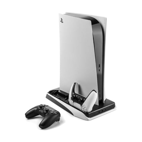 PS5 Stand with. Cooling / 2 x USB-A / 2 x PS5 Controller Charging Slots - White / Black