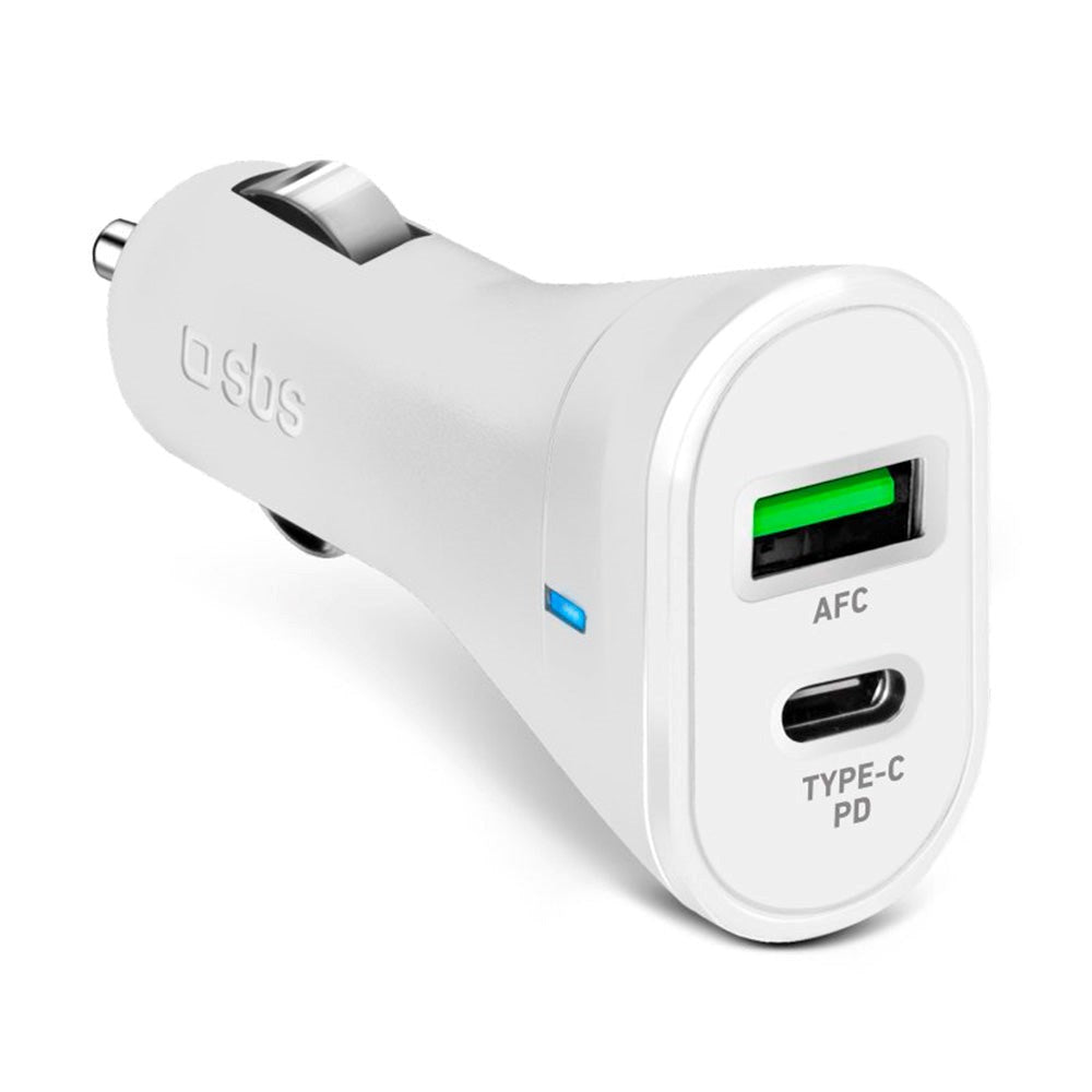 SBS 20W Car Charger with USB-A AFC & USB-C PD - White