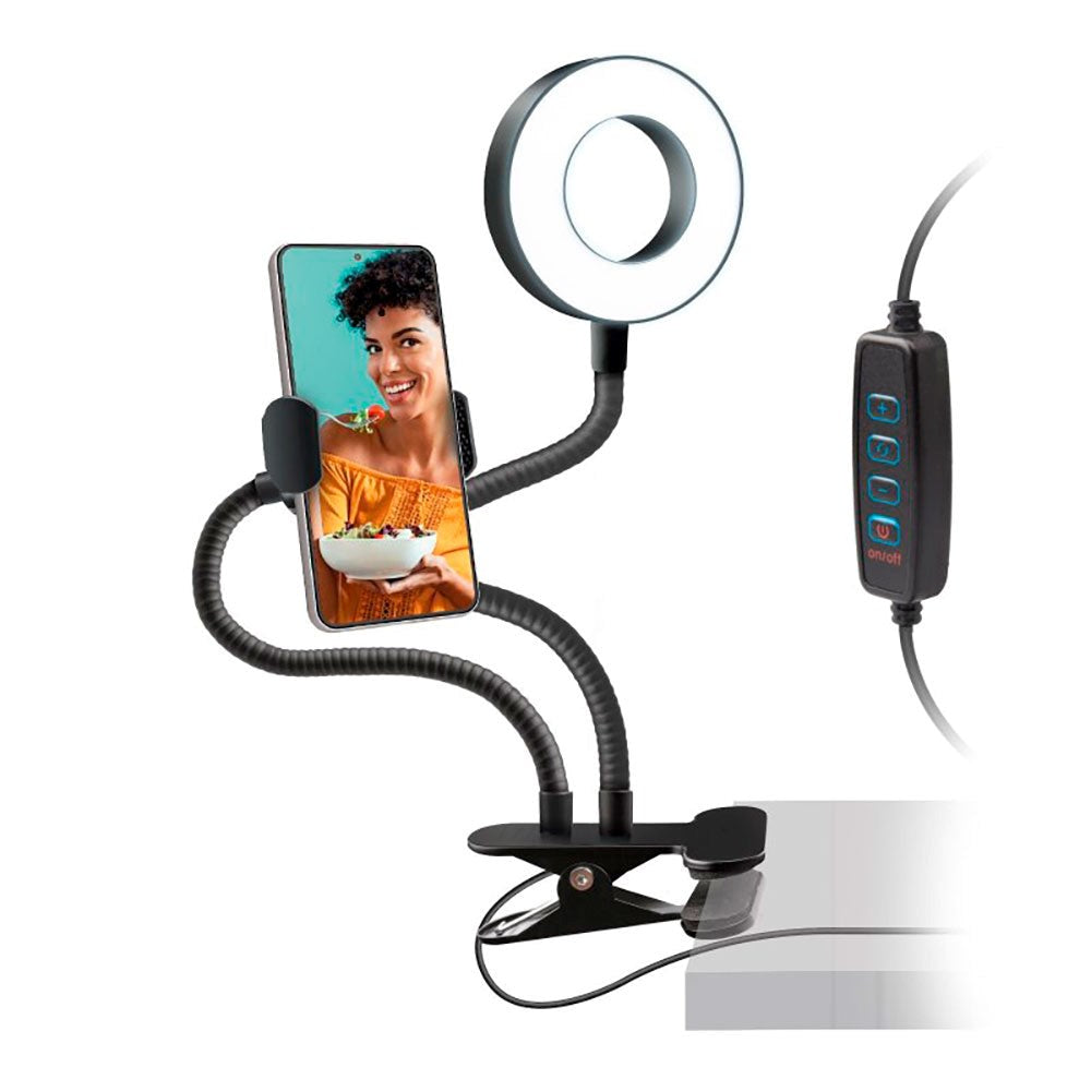 SBS LED Ring Light w. Table Clip, Mobile Holder & Adjustable Arms - Max Mobile: 85mm - Black