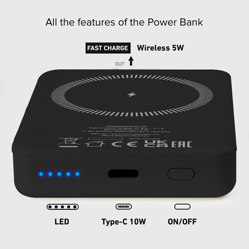 SBS Mag PowerBank 5000 mAh w. USB-C & Wireless Charging - Black