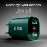 SBS - 30W LCD Wall Charger with 1x USB-A & 1x USB-C - Green