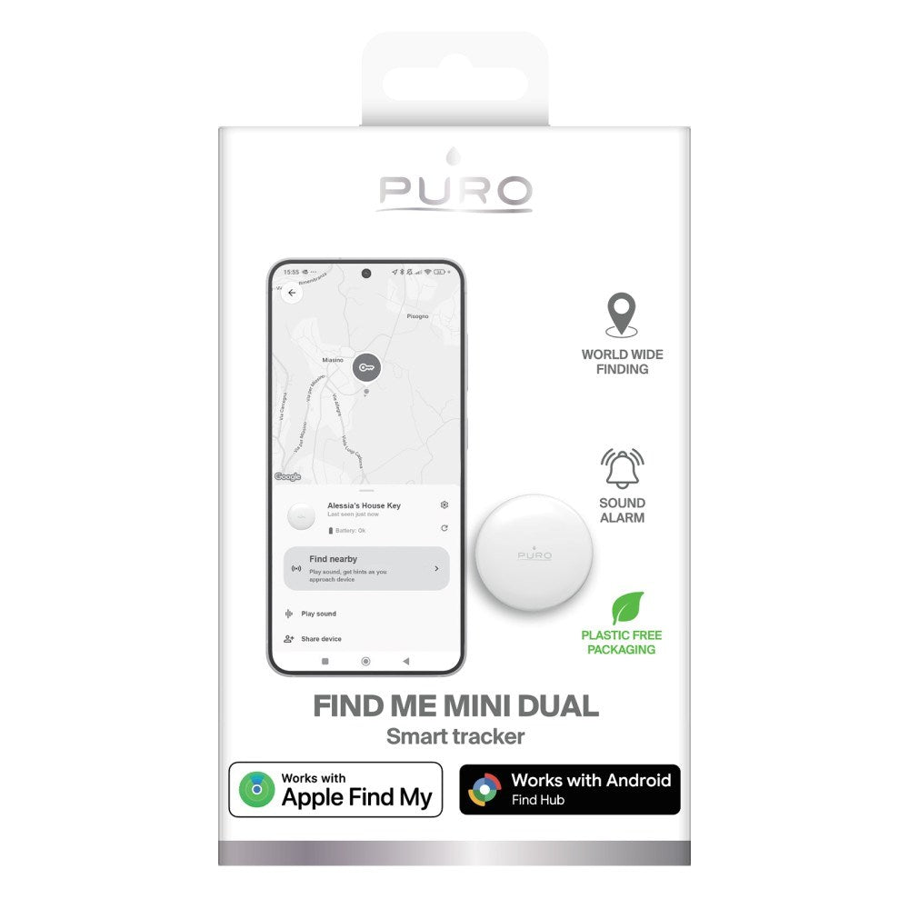 Puro Find Me Mini Dual Smart Tracker - Apple Find My & Android Find Hub - White