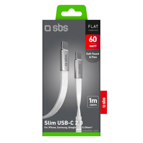 SBS 60W Flat USB-C to USB-C Cable - 1m - White