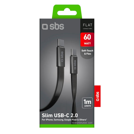 SBS 60W Flat USB-C to USB-C Cable - 1m - Black
