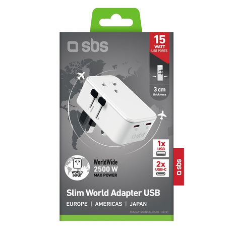 SBS Extra Slim Travel Adapter for UK / US / AUS with 1 x USB-A & 2 x USB-C - White