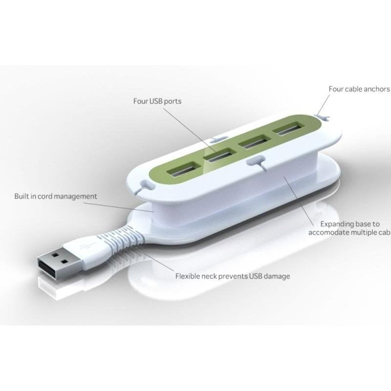 Contort From Quirky - 4-port USB Hub w. Cable Organizer & SuperFlex - White / Green