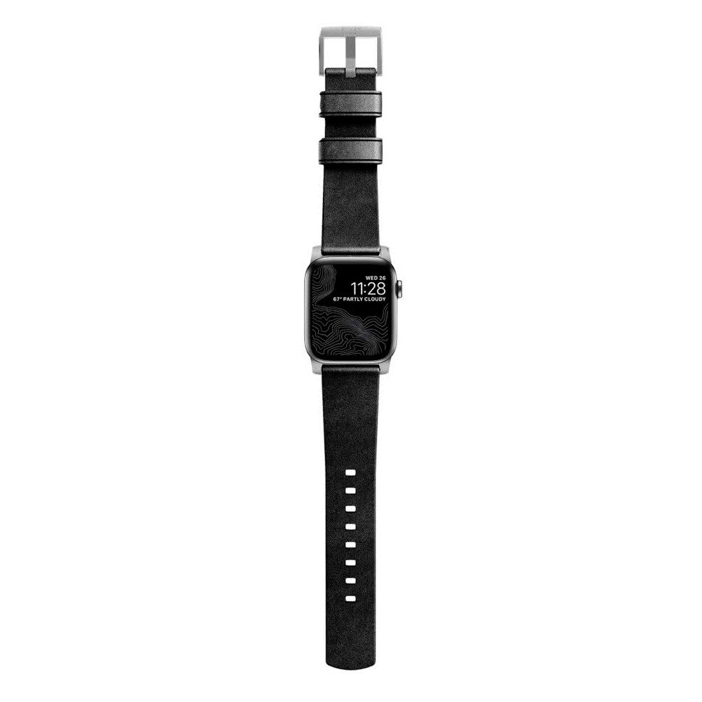 Nomad Apple Watch (42/44/SE/45/46/49mm) Modern Horween Band Strap - Black / Silver Hardware