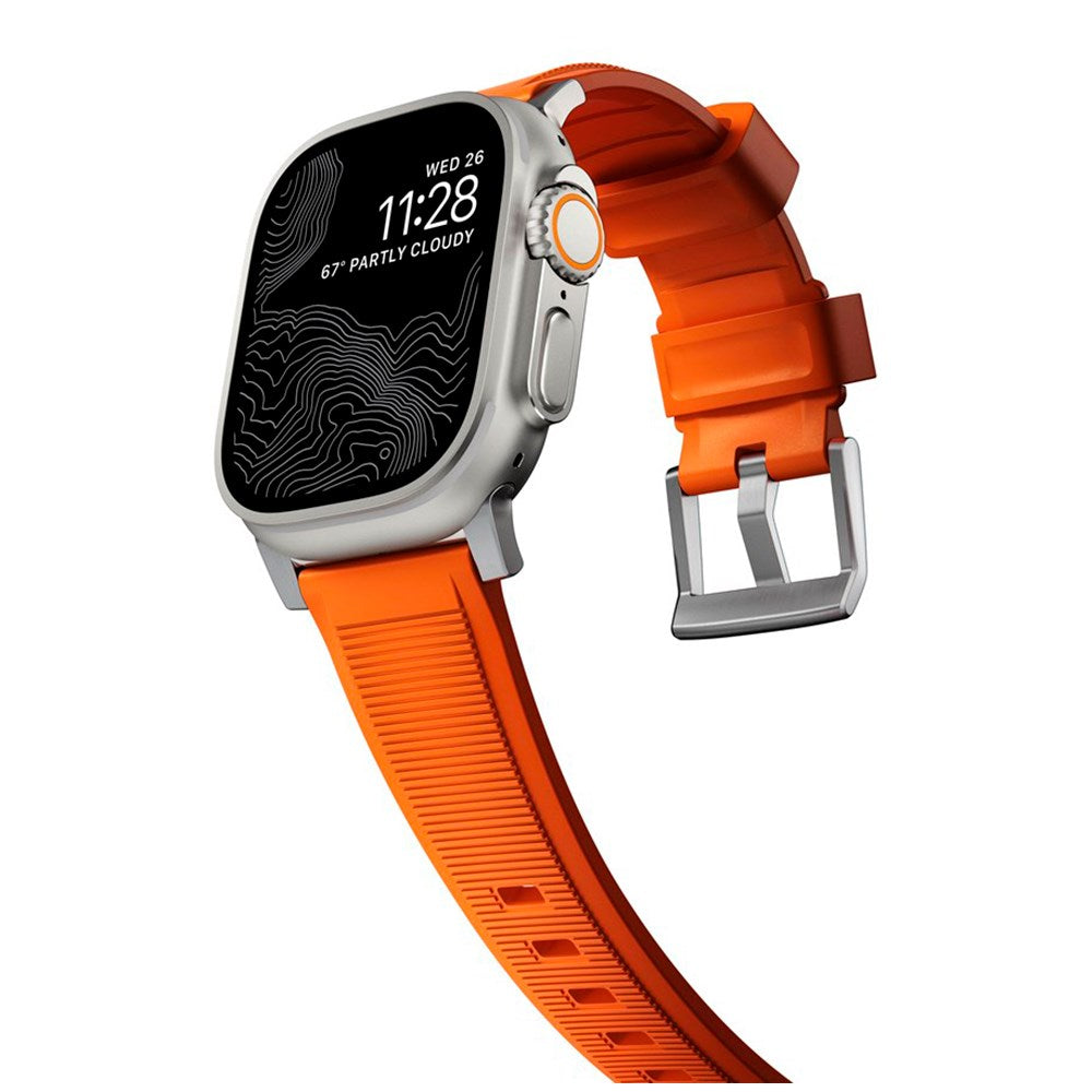 Nomad Apple Watch (42/44/SE/45/46/49mm) Rugged Band Strap - Ultra Orange / Silver Hardware