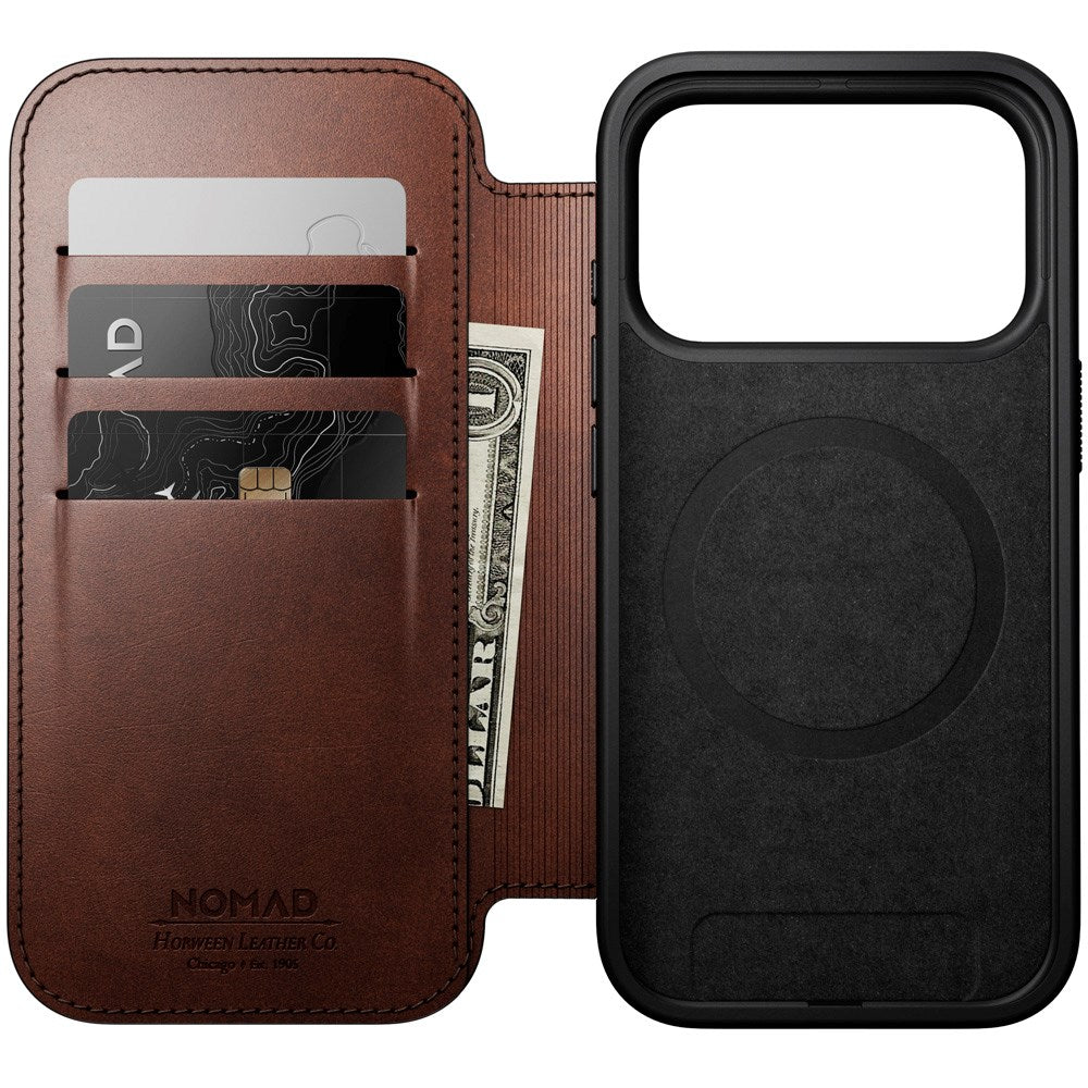 Nomad iPhone 17 Pro Modern Horween Leather Folio Case - MagSafe Compatible - Rustic Brown