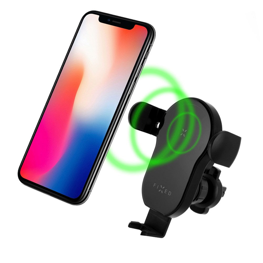 Fixed Matic Phone Holder for Car w. Wireless Charging 15W - Max Mobile: 60 - 80mm - Black