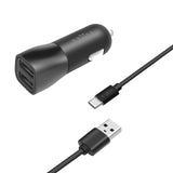 Fixed Dual Car Charger 15W w. 2 x USB-A & 1 x USB-A to USB-C Cable - Black