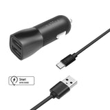 Fixed Dual Car Charger 15W w. 2 x USB-A & 1 x USB-A to USB-C Cable - Black