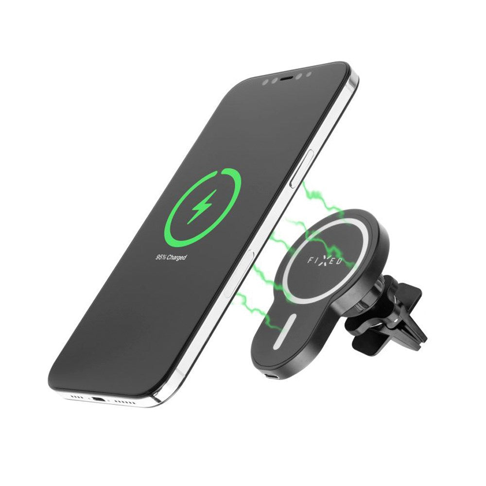 Fixed MagClick Magnetic Phone Holder for Car w. Wireless Charging 15W - MagSafe Compatible - Black