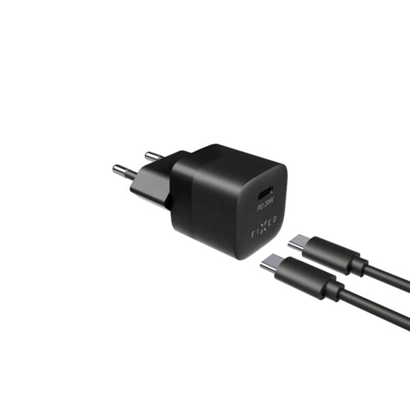 Fixed Mini Wall Charger with 1x USB-C / 1x USB-C Cable 20W - 1m - Black