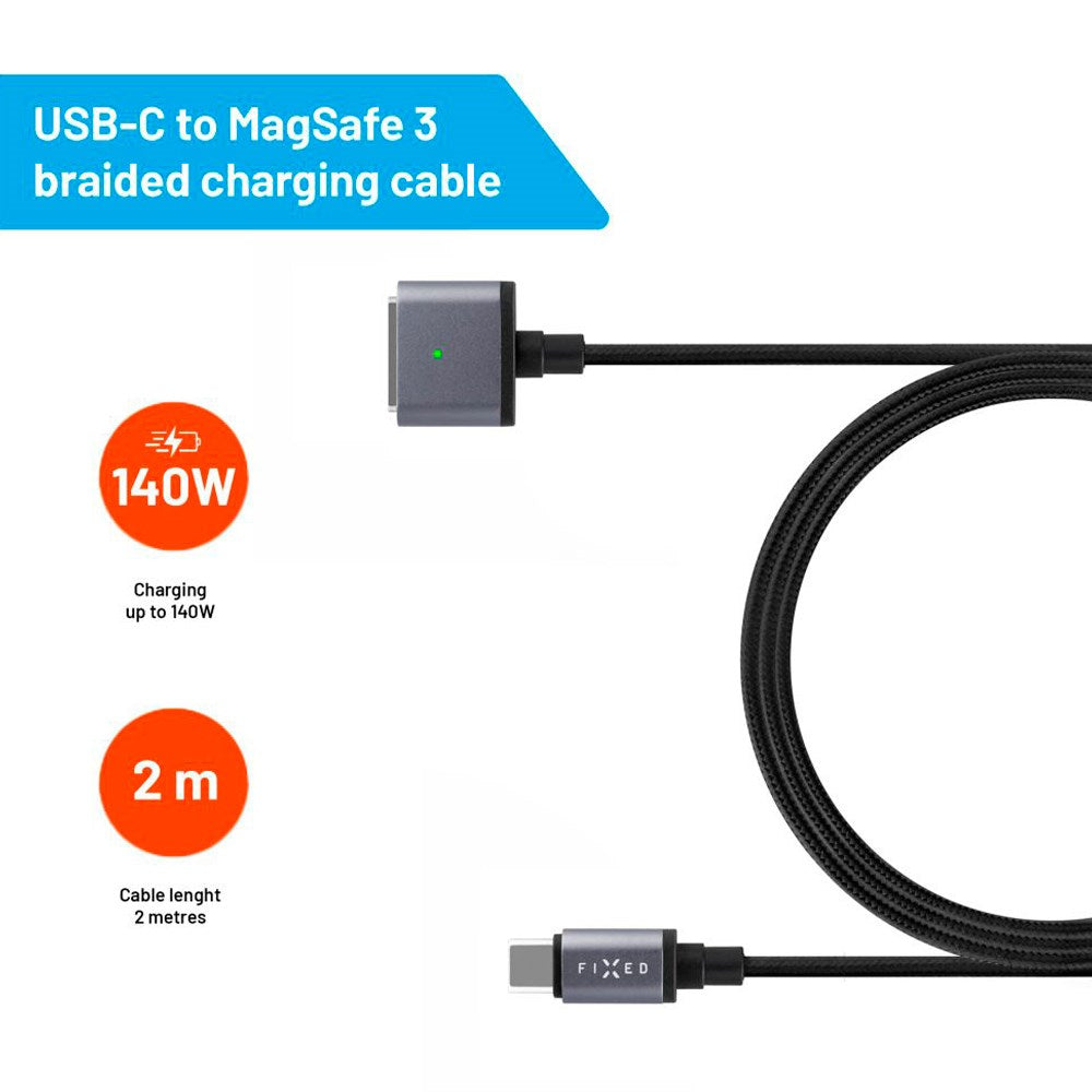 Fixed Braided USB-C to MagSafe 3 Cable 140W - 2m - Grey