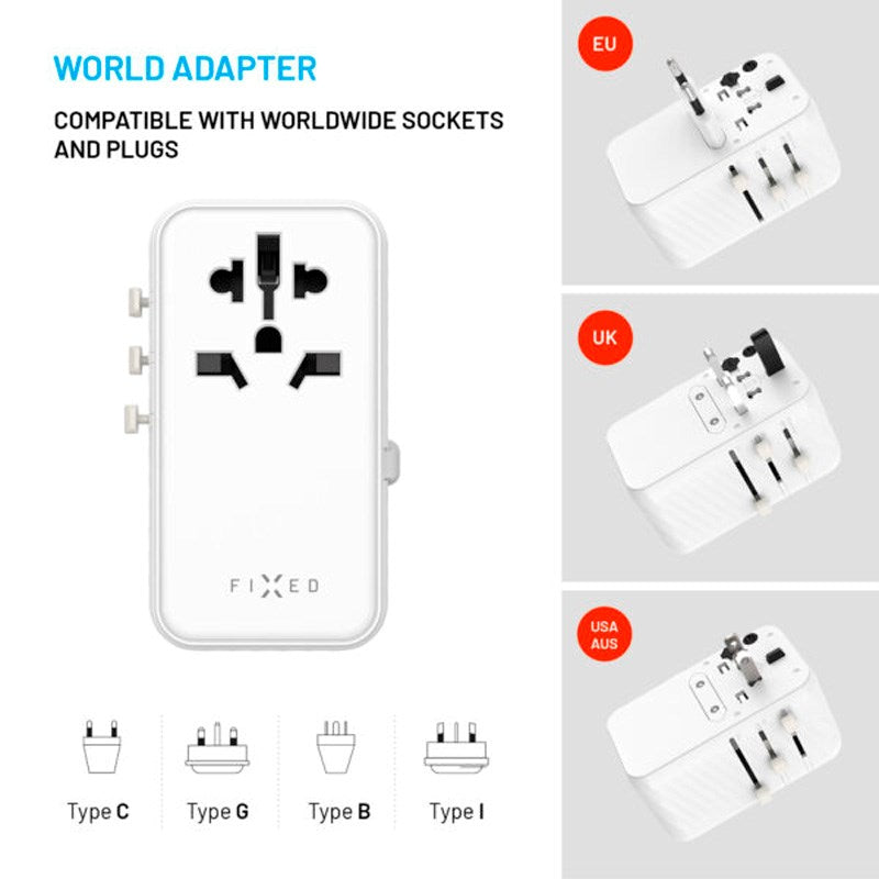 Fixed Universal Travel Adapter 120W EU / UK / USA / AUS - White