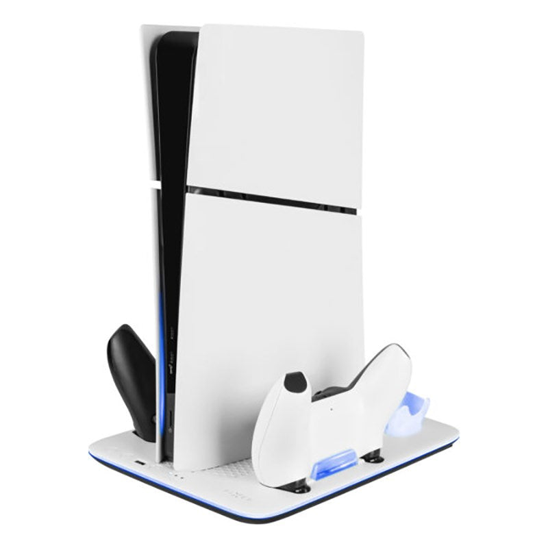 PS5 Slim Stand w. Cooling / 1 x USB-C & 1 x USB-A / 2 x PS5 Controller Charging Slots - Black / White