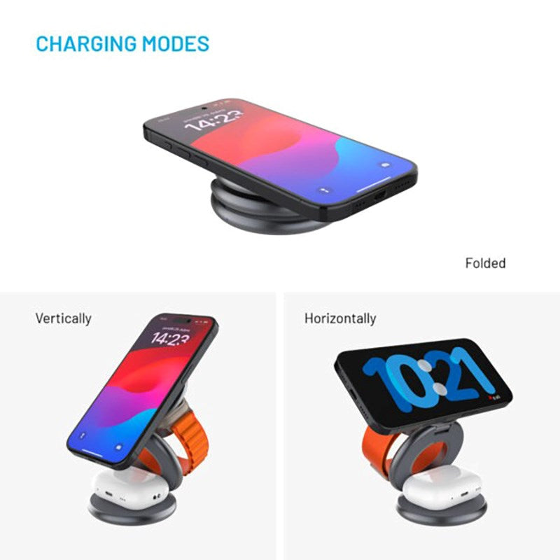 Fixed MagFlex Round Foldable 3-in-1 Wireless Charger - Phone / Headphones / Smartwatch - MagSafe Compatible - Grå