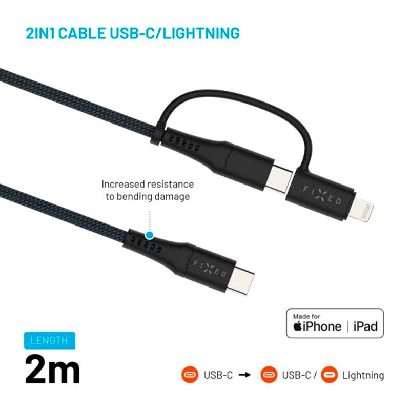 Fixed 2-in-1 60W USB-C to Lightning Cable 2m - Black