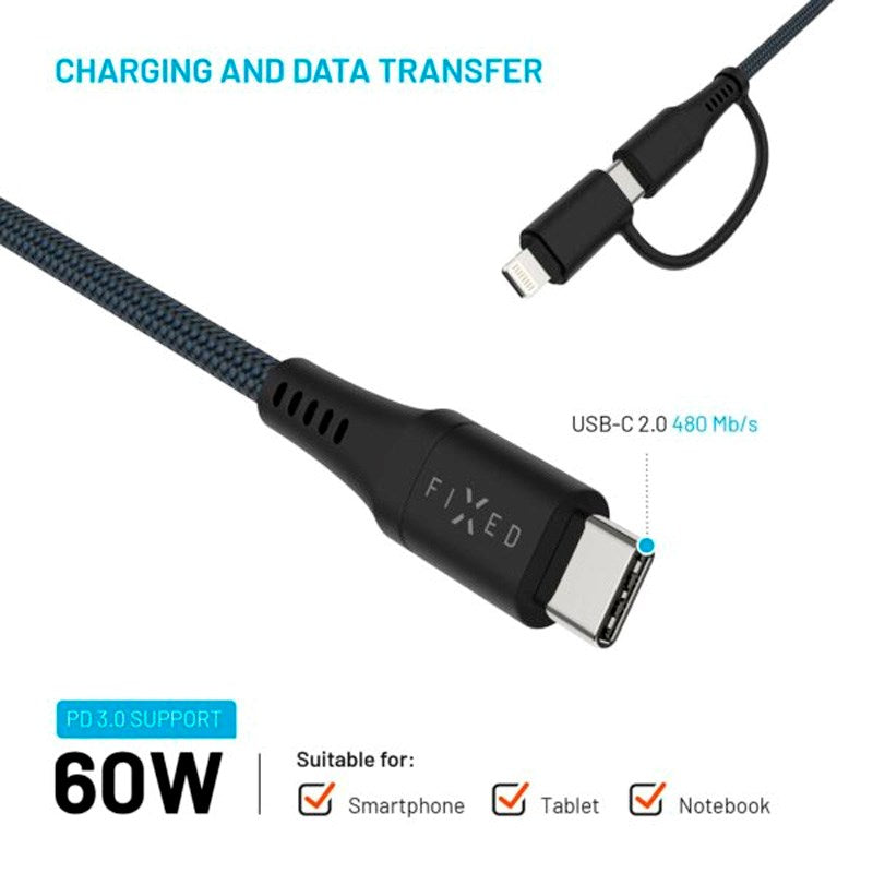 Fixed 2-in-1 60W USB-C to Lightning Cable 1.2m - Black