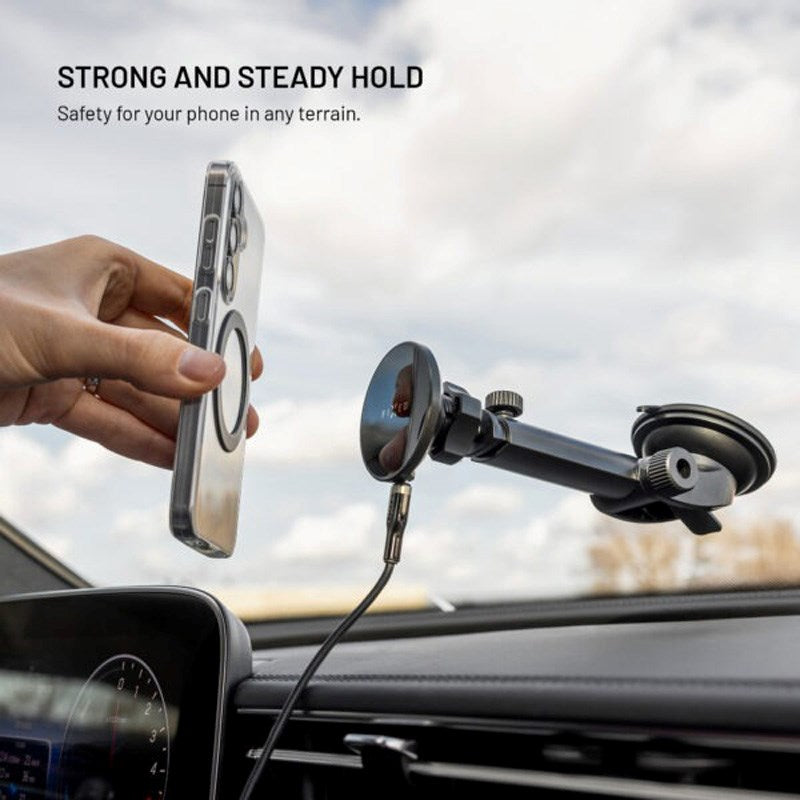 Fixed Car Phone Holder with 15W Wireless Charging - Windshield / Dashboard - Black