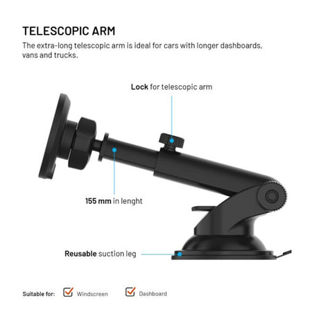 Fixed Car Phone Holder with 15W Wireless Charging - Windshield / Dashboard - Black