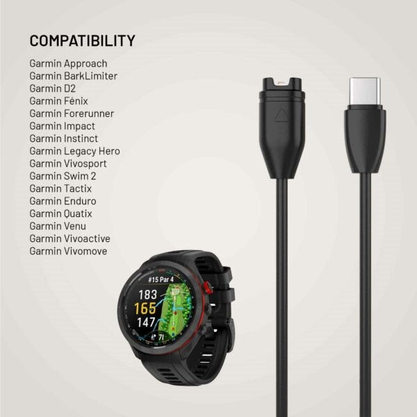 Fixed USB-C Charging Cable for Garmin Smartwatch - 2m - Black