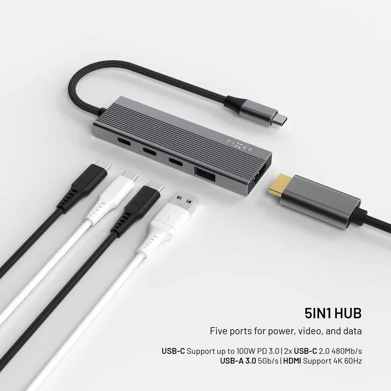 Fixed 5-i-1 USB-C Multiport with 3 x USB-C 1 x USB-A 1 x HDMI - Silver