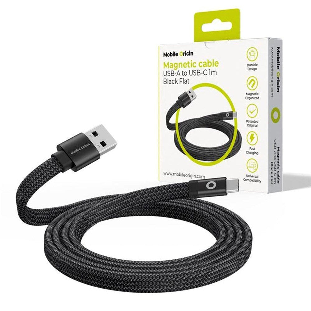 Mobile Origin Flat Magnetic USB-A to USB-C Cable - 1m - Black
